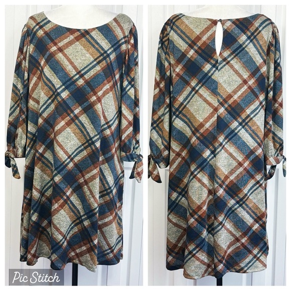 NWT Jessica Howard 3X Brown Multi Plaid Tie Sleeve Shift Dress - Picture 1 of 16